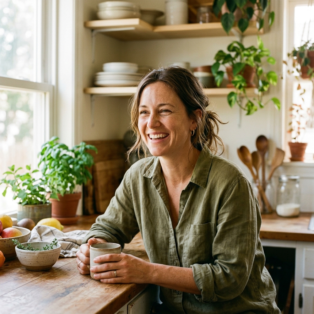 Candid photograph of a warm mom in a sunlit kitchen preparing healthy food with organic ingredients.